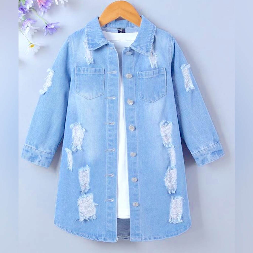BNIB GIRLS DISTRESSED LONG DENIM JACKET 6 Y